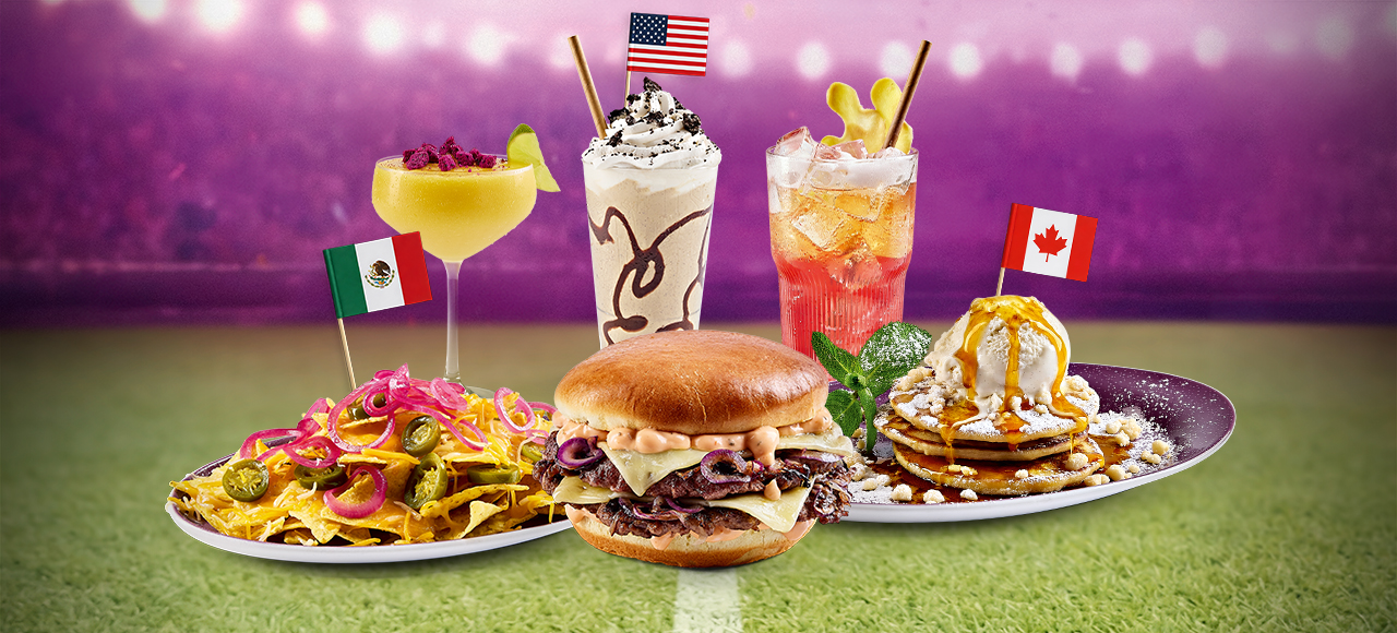 GAME-DAY HUNGER? HANS IM GLÜCK HAS YOU COVERED: World Cup promotion with burger, tortilla chips, pancakes and drinks in a stadium setting